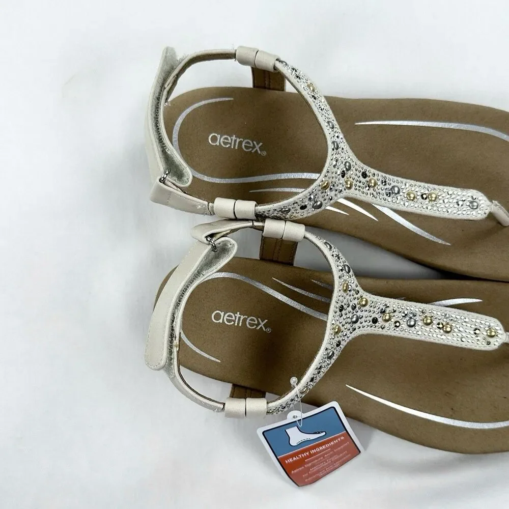 Aetrex Lindsey Beaded Thong Sandals Size 9 9.5 EU 40 Cream Arch Support